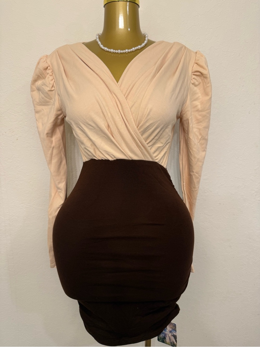 Two-Tone Faux Wrap Long Sleeve Dress - Peach & Brown